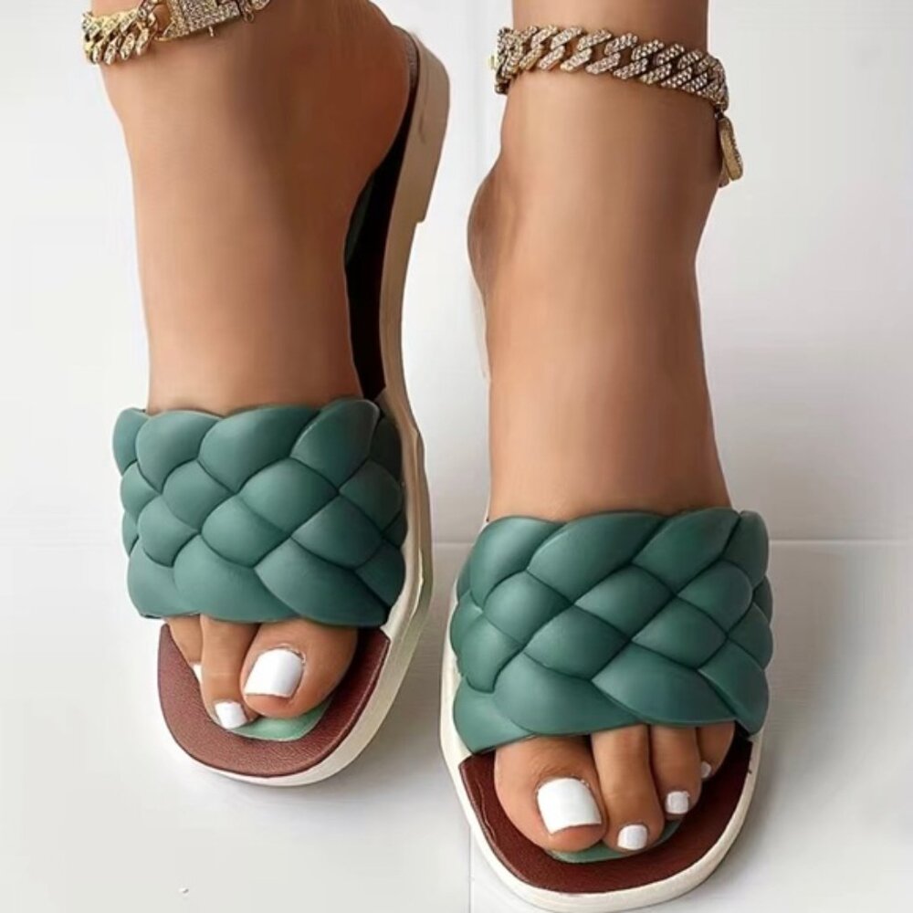 Green Braided Flat Sandals – Square Toe Slip-On Summer Slides Size 6.5 - Picture 2 of 3